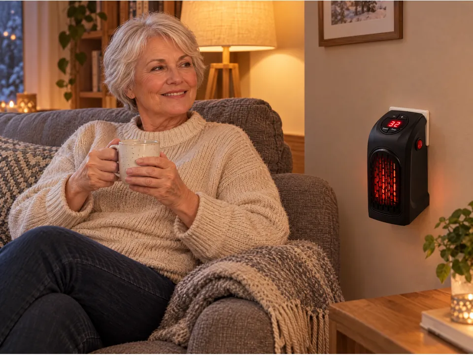 La stessa donna, sorridente e al caldo accanto a HeatPal
