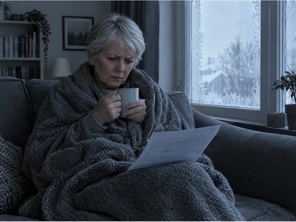 Donna avvolta in una coperta in una stanza fredda
